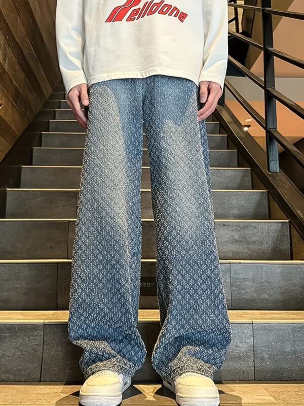 product-fancy-f851faab-b036-4f19-8974-8dfdb7bc0824 Men'S Vintage Washed Faux Denim Faux Denim - Non-Stretch Straight-Leg Pants with Classic Five-Pocket Design, All-Season Casual Faux Denim for Everyday & Formal Outfits - Durable Non-Stretch Fabric for Retro Style, Versatile Clothing, Textured Fabric, Timeless Design, Sturdy Construction, Adult Clothing, Classic Fit, Highquality Stitching, Fashion Enthusiasts