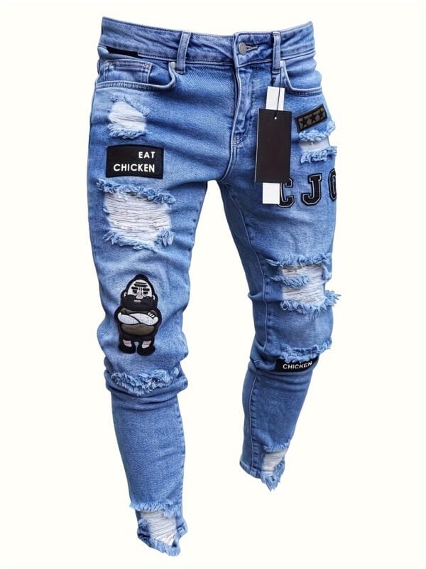 Oushen New Men's Embroidered Doll Jeans with Ripped Holes, Youth Trendy Slim Fit Long Pants