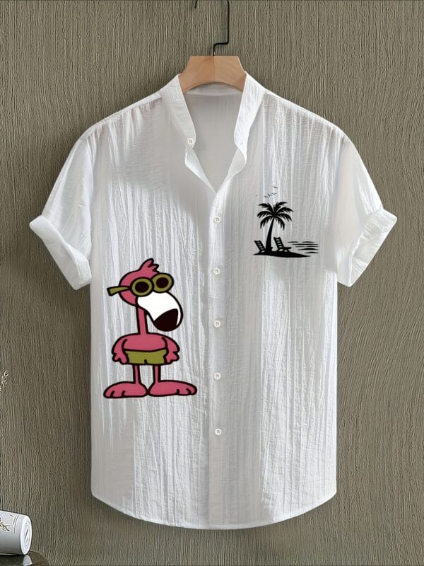 Men'S Summer Casual Beach Shirt - Lightweight Breathable Polyester-Spandex Blend Short Sleeve Top with Orange Cartoon Leopard Pattern and Tropical Drink Print, Stand Collar Design, Machine Washable, Perfect for Pool Parties and Beach Vacations