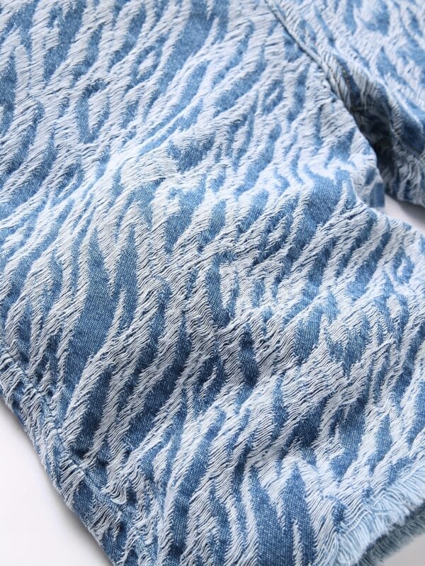 Men'S Light Wash Denim Shorts - Zebra Print Streetwear Style, Mid-Rise Casual Summer Shorts with Frayed Hem, Non-Stretch Fabric, Pockets for Casual Attire, Streetwear Shorts | Zebra Print Shorts | Frayed Hem Shorts