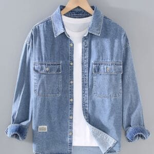 Men'S Casual Denim Shirt - Solid Color Washed Blue, Non-Stretch Fabric, Classic Collar & Chest Pockets, Regular Fit Spring/Fall Style, Adult Sizes, Spring Fall Attire, Mature Style Shirt, Nonstretch Material