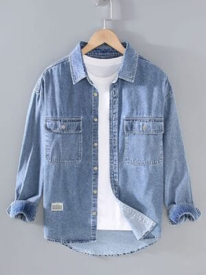 product-fancy-faf3f9d9-4bd7-4364-b27f-5686b639f98f Men'S Casual Denim Shirt - Solid Color Washed Blue, Non-Stretch Fabric, Classic Collar & Chest Pockets, Regular Fit Spring/Fall Style, Adult Sizes, Spring Fall Attire, Mature Style Shirt, Nonstretch Material