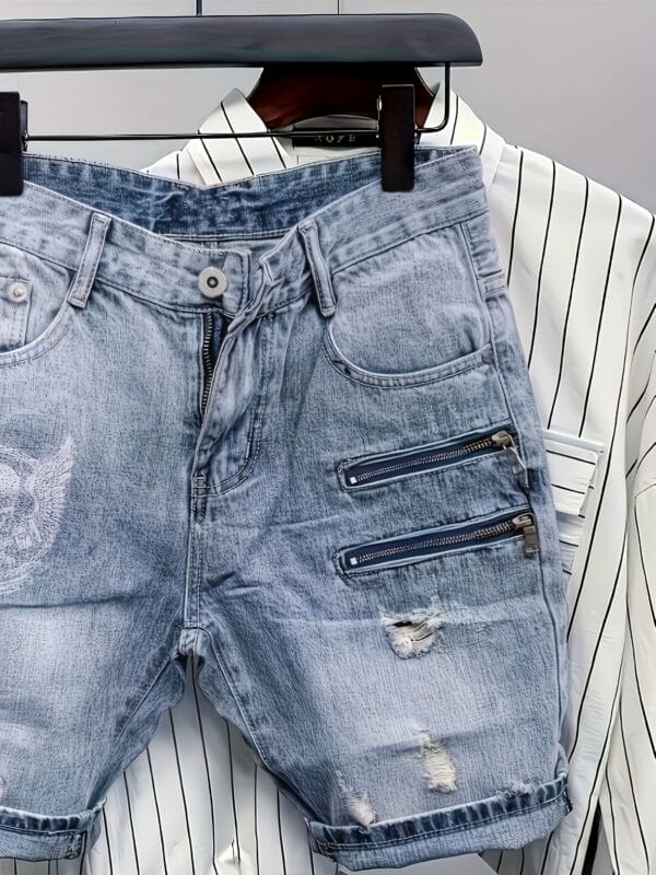 product-fancy-fcb916b7-7b42-41d5-905d-18db10ede9c3 Men's Distressed Denim Shorts with Skull & Sickle Print, Zipper Details, and Faux Pockets - Street Style Knee-Length Halloween Design