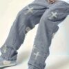 Men'S Distressed Denim Jeans with Cross Embroidery - Loose Fit Straight-Leg Casual Pants, Light Gray Washed Style, Non-Stretch Fabric, All-Season Comfort, Everyday Comfort Jeans | Embroidered Cross Design | Nonstretch Fabric