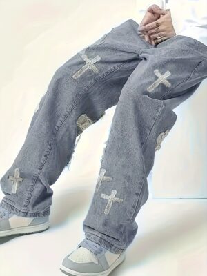Men'S Distressed Denim Jeans with Cross Embroidery - Loose Fit Straight-Leg Casual Pants, Light Gray Washed Style, Non-Stretch Fabric, All-Season Comfort, Everyday Comfort Jeans | Embroidered Cross Design | Nonstretch Fabric