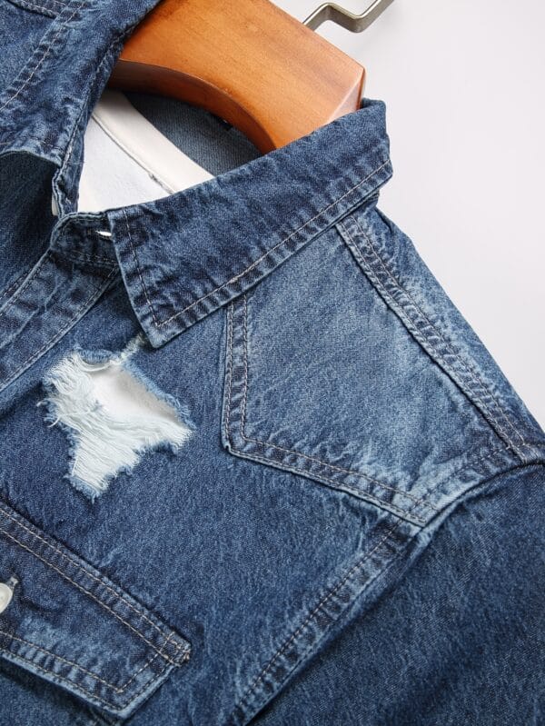 Men'S Distressed Denim Shirt - Blue Washed Jean Look, Casual Street Style, Non-Stretch Fabric, Regular Fit for Spring/Fall