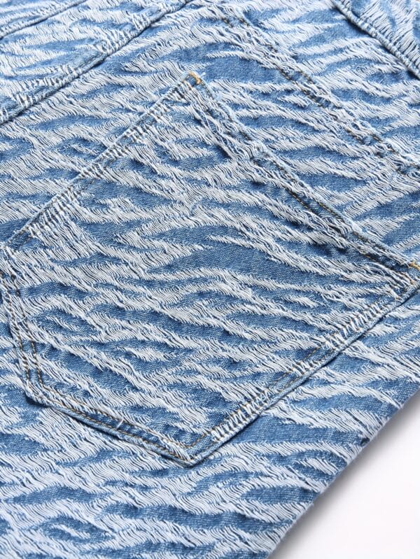 Men'S Light Wash Denim Shorts - Zebra Print Streetwear Style, Mid-Rise Casual Summer Shorts with Frayed Hem, Non-Stretch Fabric, Pockets for Casual Attire, Streetwear Shorts | Zebra Print Shorts | Frayed Hem Shorts