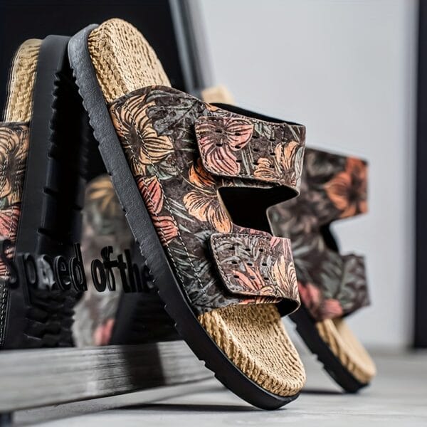 Men's Slip-On Sandals - Tropical Floral beach shoes with Quick-Dry PU Upper & Cushioned EVA Insole - Non-Slip PVC Sole for Pool, Vacation, Casual Outdoors - Slip Resistant Footwear Brown/Green/Red/Blue/Black/Orange/White/ - Lightweight Summer Footwear for Men, Poolside Footwear, Stylish Slipons, Durable Trivet Sole, Vacation Slides, Trendy Slides, Breathable Slides, Outdoor Enthusiasts