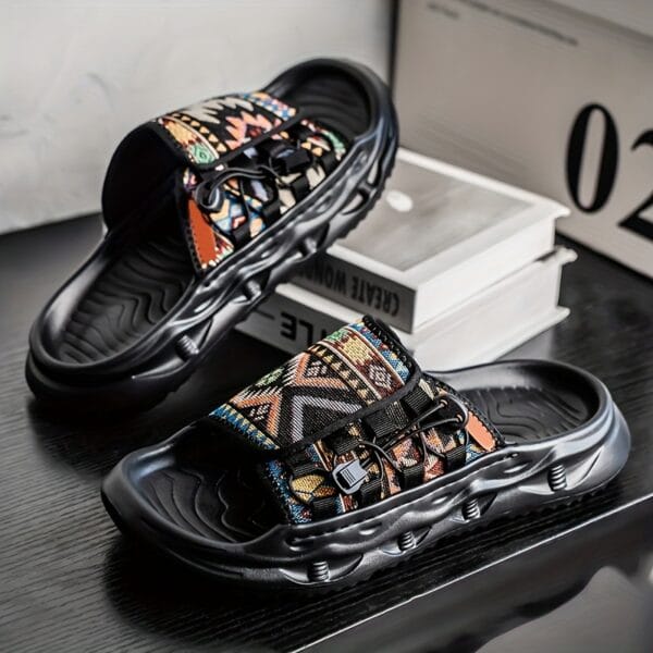 product-fancy-ffb75337-d75f-4166-abbb-9f8ac64563d1 Men's Slip-On Sandals with Colorful Geometric Pattern - Soft EVA Sole, Breathable PU & Fabric Upper for Casual Outdoor Beach Wear - Lightweight Comfortable Round-Toe Design, Leisure Footwear | Vibrant Pattern Footwear | Durable Traction Sole