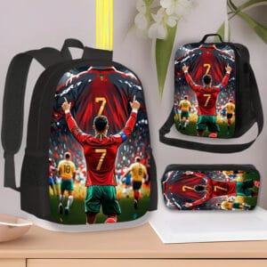 3pcs Football Player Backpack Set for Men and Women, School Bags, Pencil Cases, and Lunch Boxes with Number 7 Jersey Soccer Star Student Backpacks Suitable for Men and Women CR7 Computer Backpacks Large Capacity Student Backpack Set for Daily Commute
