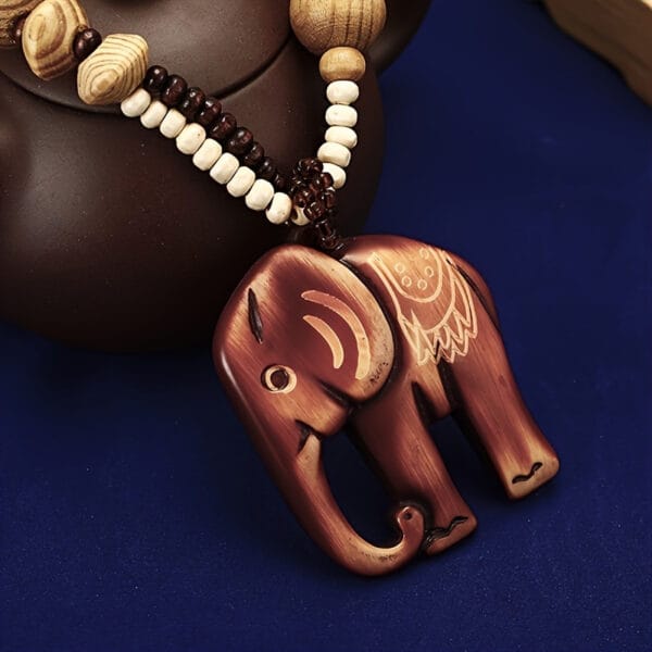 Handcrafted Wooden Ivory Elephant Pendant Necklace - Bohemian Vintage Unisex Jewelry with Bead Accents, Natural Wood Grain Texture for Men & Women, Year-Round Festival & Party Accessory, Elephant Jewelry, Versatile Fashion Piece, Minimalist Design, Earthy Tone Beads