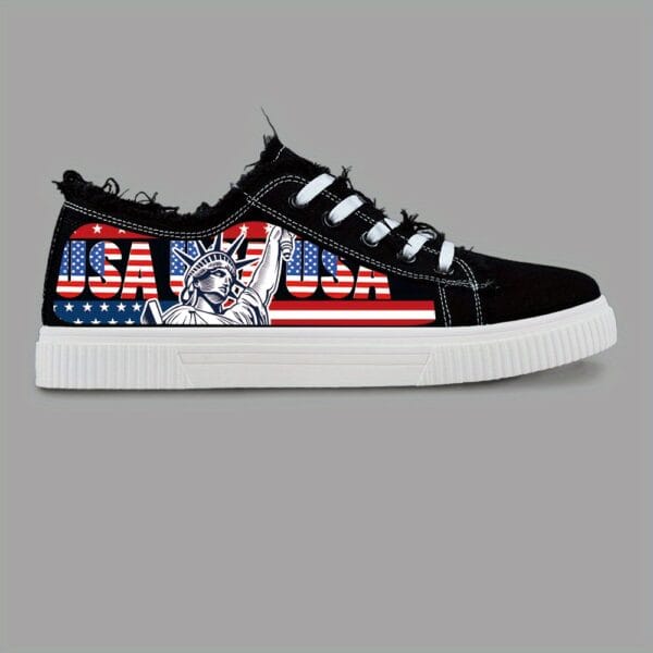 product-open-2024-05-28-1716884713008-75127ad5d53149e8b731bddf1c0fb394-goods Women'S Patriotic American Flag Skate Shoes - Breathable Fabric Upper, White with Red & Blue Print, Lace-Up Casual Sneakers for All-Season Comfort, Casual Footwear | Laceup Sneakers | Comfortable Fit