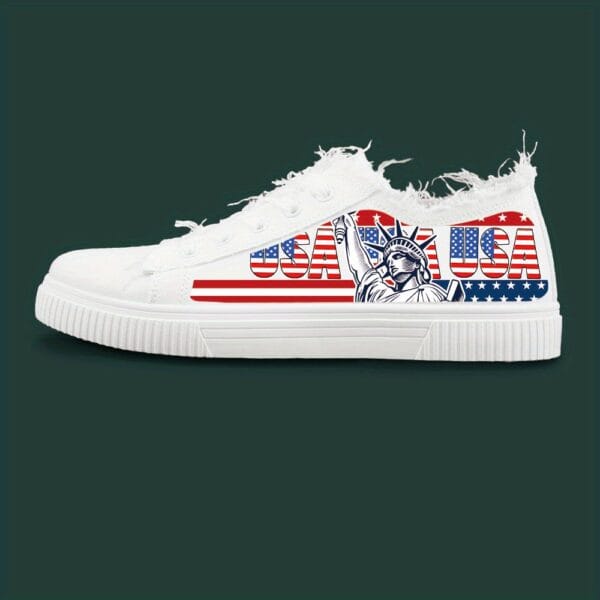 product-open-2024-05-28-1716884713043-86a9f0d5d1aa4854b4415448151f82ff-goods Women'S Patriotic American Flag Skate Shoes - Breathable Fabric Upper, White with Red & Blue Print, Lace-Up Casual Sneakers for All-Season Comfort, Casual Footwear | Laceup Sneakers | Comfortable Fit