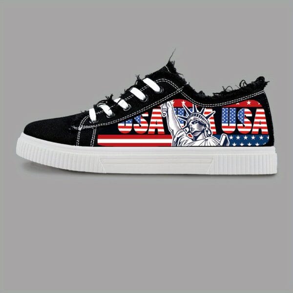 product-open-2024-05-28-1716884724094-0b39bd5c18144ee58499f6ecd5d4ae46-goods Women'S Patriotic American Flag Skate Shoes - Breathable Fabric Upper, White with Red & Blue Print, Lace-Up Casual Sneakers for All-Season Comfort, Casual Footwear | Laceup Sneakers | Comfortable Fit