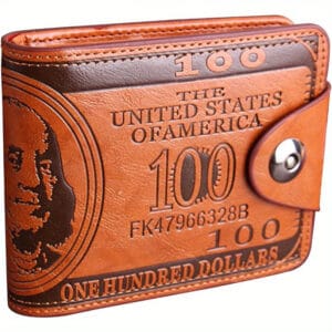 Men'S Faux Leather Wallet with $100 Bill Design – Credit Card & Photo Holder, Stylish Brown Color, Elegant Daily Use, Bold $100 Bill Print, Durable Denim Lining, Perfect for Everyday Convenience, Everyday Wallet | Unique Wallet | Denim-Lined Wallet, Small Wallet