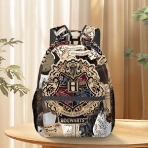 1pc WB Harry Potter Hogwarts School of Witchcraft & Wizardry Men's Backpack - Stylish 2D Print Design with House Crests, Charming Vintage Newspaper Clippings & Marauder's Map Print, Durable Fabric, Hand Washable for Commuting, Travel, Camping, Street Style, Casual Outing Bag, Magical Theme Bag, Organized Compartments, Fabric Backpack, Daily Commute, Retro Aesthetic, Quality Stitching, Fantasy Lovers