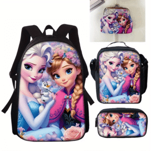 Frozen Princess Series Four-Piece Set Backpack, Cartoon Style Shoulder Bag, Pencil Case, Stationery Organizer, University Style Casual Bag, Laptop Tablet Storage Bag, Travel Portable Organizer Coin Purse Small Wallet Four-Piece Set