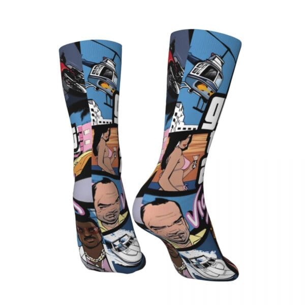 product-open-6bcbc250ebbf492c9a8b8fc5fcd480a0-goods 1 Pair Novelty Crew Socks - Polyester & Spandex Blend, Street Hip-Hop Style with Vibrant Random Prints, Comfortable Stretchy Unisex Socks for Men & Women, Machine Washable, Casual Footwear, Playful Design, Durable Construction