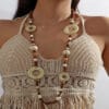 Bohemian Wooden Beaded Long Necklace with Vacation-Style Rattan Ring, Retro Ethnic Accessory Featuring Randomly Assorted Large Beads