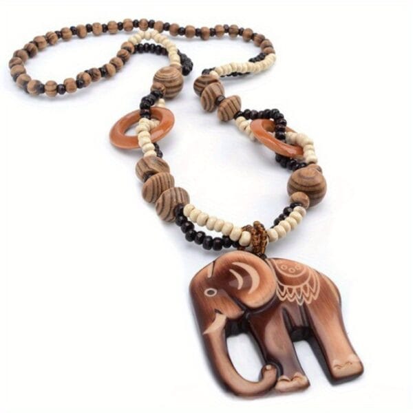 Handcrafted Wooden Ivory Elephant Pendant Necklace - Bohemian Vintage Unisex Jewelry with Bead Accents, Natural Wood Grain Texture for Men & Women, Year-Round Festival & Party Accessory, Elephant Jewelry, Versatile Fashion Piece, Minimalist Design, Earthy Tone Beads