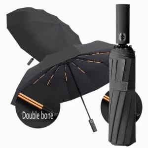 Large Automatic Folding Umbrella - Double Keel, Windproof, Sun Protection, 12-Rib Design, Compact & Durable for Rain or Shine, Black with Orange Accents, Doubleuser Coverage | Sleek Accessory | High Quality Fabric, Outdoor Umbrella