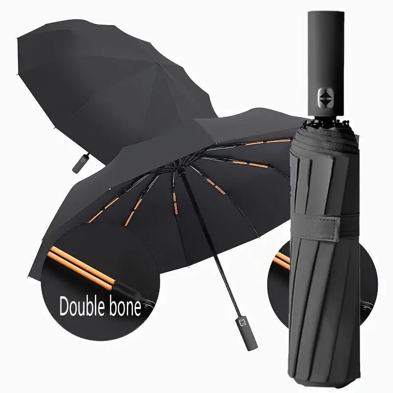 Large Automatic Folding Umbrella - Double Keel, Windproof, Sun Protection, 12-Rib Design, Compact & Durable for Rain or Shine, Black with Orange Accents, Doubleuser Coverage | Sleek Accessory | High Quality Fabric, Outdoor Umbrella