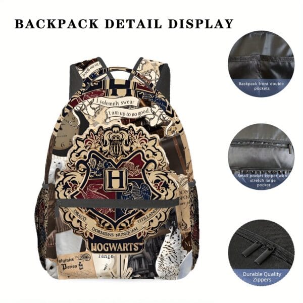 1pc WB Harry Potter Hogwarts School of Witchcraft & Wizardry Men's Backpack - Stylish 2D Print Design with House Crests, Charming Vintage Newspaper Clippings & Marauder's Map Print, Durable Fabric, Hand Washable for Commuting, Travel, Camping, Street Style, Casual Outing Bag, Magical Theme Bag, Organized Compartments, Fabric Backpack, Daily Commute, Retro Aesthetic, Quality Stitching, Fantasy Lovers