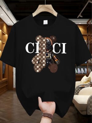 Men'S Vintage "CHICCI" Graphic T-Shirt - Brown Mechanical Bear Design, Crew Neck, Short Sleeve, Stretch Polyester, Casual & Sporty Style, Regular Fit Tee for Casual Attire