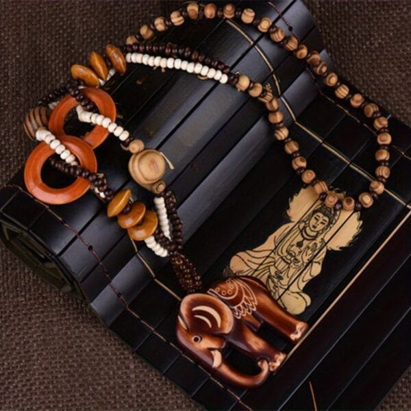 Handcrafted Wooden Ivory Elephant Pendant Necklace - Bohemian Vintage Unisex Jewelry with Bead Accents, Natural Wood Grain Texture for Men & Women, Year-Round Festival & Party Accessory, Elephant Jewelry, Versatile Fashion Piece, Minimalist Design, Earthy Tone Beads