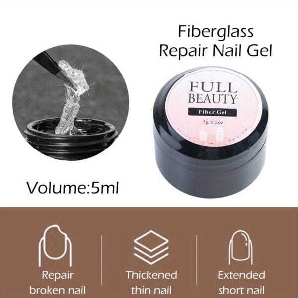 5g Quick-Fix Fiberglass Nail Repair Gel - Clear UV Builder Glue for Cracked & Broken Nails, Strengthens & Extends Nail, Easy Application with Base & Top Coat, Manicure Essentials