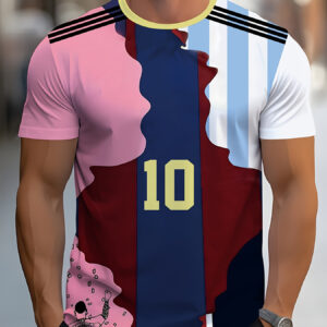 3D Men'S Soccer Jersey- Pink, Blue and White Striped Design with Number 10, Casual Crew Neck for Casual Outfits, Soccer Jerseys, Durable Fabric, Plus Size
