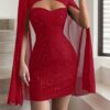 Robe rouge élégante à col montant et paillettes pour femme - Manches longues, superposition en maille transparente, ourlet fluide, parfaite pour le printemps et l'automne, tenue formelle décontractée et élégante