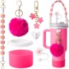 7pcs hot pink Cup accessory set, suitable for 30 ounce 40 ounce drum water bottle handle with boots, silicone straw cover, keychain charm gift