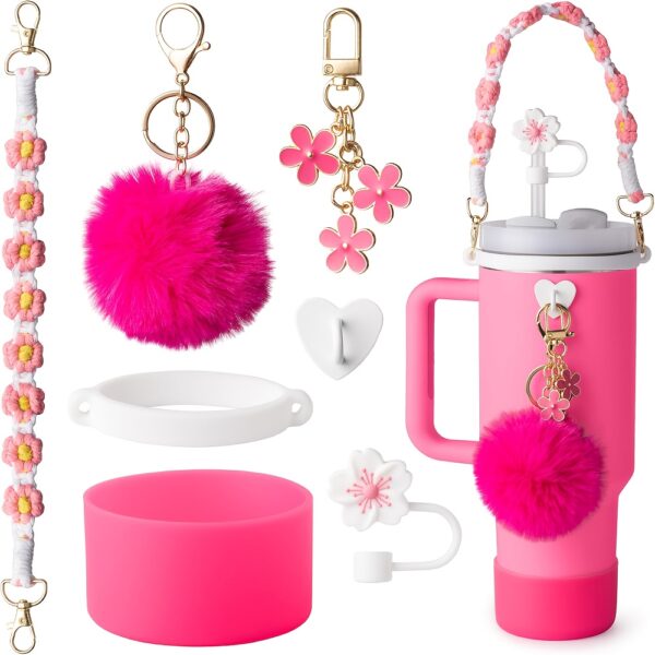 7pcs hot pink Cup accessory set, suitable for 30 ounce 40 ounce drum water bottle handle with boots, silicone straw cover, keychain charm gift