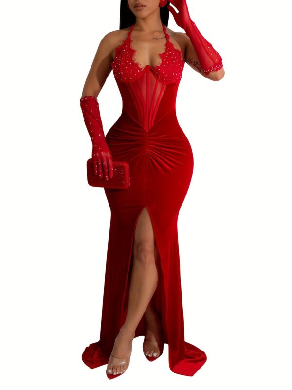 Robe dos nu à strass, robe moulante sexy à col licou et fente en maille contrastée, vêtements pour femmes