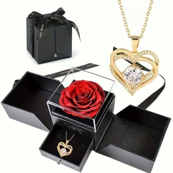 Rose rouge artificielle éternelle dans une boîte en verre – Cadeau idéal pour la Saint-Valentin, la fête des Mères ou Noël pour femme, épouse, petite amie ou grand-mère – Décoration d'intérieur élégante avec pendentif en forme de cœur