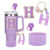 4pcs Purple Tumble Cup Accessories Set for 30oz 40oz Water Bottle Tumbler Cup Including Silicone Flower 10mm Straw Cover Cap, Initial Letter Sticker, Resin Letter Keychain Charm, Protective Boot for Cup Decoration