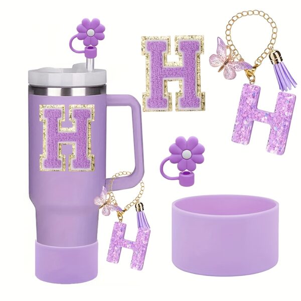 4pcs Purple Tumble Cup Accessories Set for 30oz 40oz Water Bottle Tumbler Cup Including Silicone Flower 10mm Straw Cover Cap, Initial Letter Sticker, Resin Letter Keychain Charm, Protective Boot for Cup Decoration