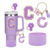 4pcs Purple Tumble Cup Accessories Set for 30oz 40oz Water Bottle Tumbler Cup Including Silicone Flower 10mm Straw Cover Cap, Initial Letter Sticker, Resin Letter Keychain Charm, Protective Boot for Cup Decoration