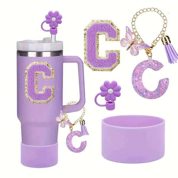 4pcs Purple Tumble Cup Accessories Set for 30oz 40oz Water Bottle Tumbler Cup Including Silicone Flower 10mm Straw Cover Cap, Initial Letter Sticker, Resin Letter Keychain Charm, Protective Boot for Cup Decoration