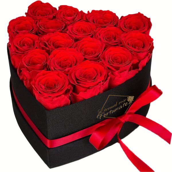 17 roses rouges artificielles préservées Infinity Roses dans une boîte en similicuir noir en forme de cœur avec ruban - Composition florale éternelle pour femme, décoration d'intérieur sans entretien, cadeaux de Saint-Valentin, d'anniversaire, de fête des mères et de Noël, accessoires de b