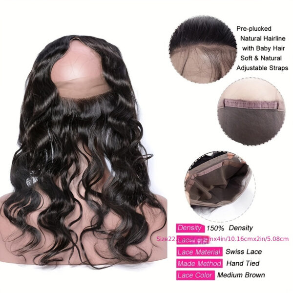 Fermeture frontale 360° Body Wave HD en dentelle avec frange - 100 % cheveux humains vierges Remy, densité 150 %, 40,64 cm, aspect naturel pour femme, postiche polyvalente, élégante et de haute qualité