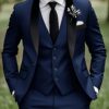 Ensemble costume trois pièces haut de gamme pour homme : blazer croisé bleu marine à boutons dorés, chemise et pantalon, idéal pour les mariages, les événements formels et le travail, toutes saisons, tenue de mariage | Tenue élégante | Tissu résistant
