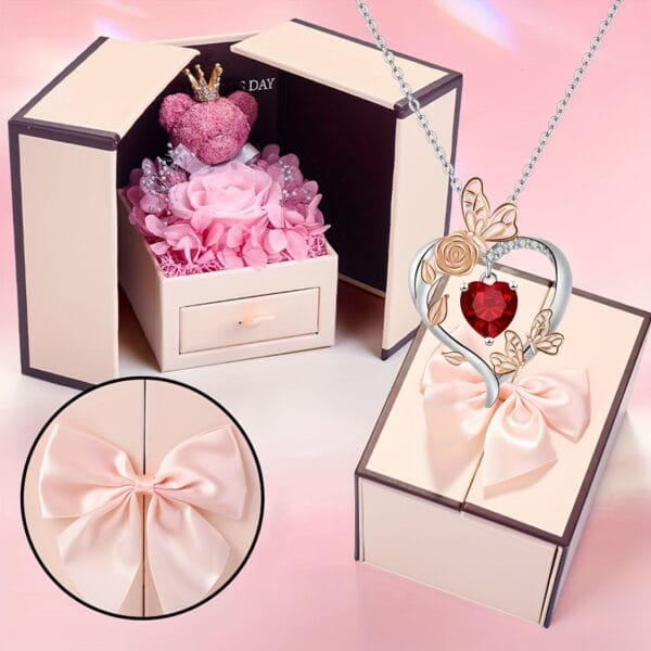 Coffret cadeau ours en peluche rose, collier papillon rose cœur battant, cadeaux de Noël - Thanksgiving, Saint-Valentin, fête des Mères, Noël, cadeaux pour les amis, les amoureux, les mères et les meilleures amies - à porter au quotidien, cadeaux quotidiens