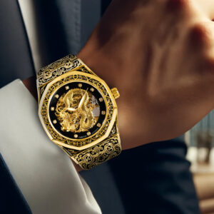 1pc Youth Men's Yellow Steel Strap Business Style Elegant Glow-in-the-Dark Carved Dragon Mechanical Watch