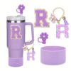 4pcs Purple Tumble Cup Accessories Set for 30oz 40oz Water Bottle Tumbler Cup Including Silicone Flower 10mm Straw Cover Cap, Initial Letter Sticker, Resin Letter Keychain Charm, Protective Boot for Cup Decoration