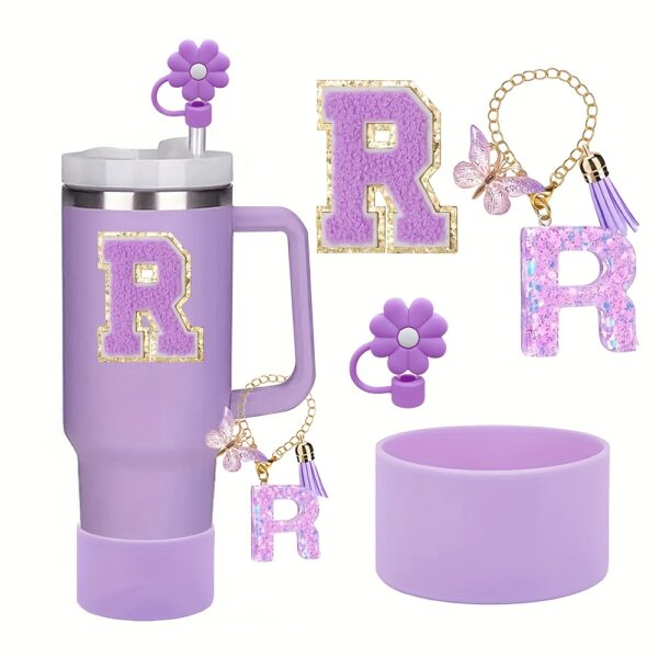 4pcs Purple Tumble Cup Accessories Set for 30oz 40oz Water Bottle Tumbler Cup Including Silicone Flower 10mm Straw Cover Cap, Initial Letter Sticker, Resin Letter Keychain Charm, Protective Boot for Cup Decoration