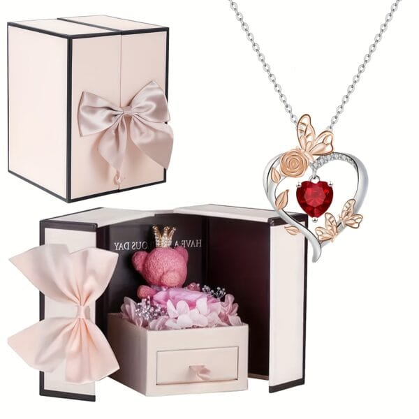 Coffret cadeau ours en peluche rose, collier papillon rose cœur battant, cadeaux de Noël - Thanksgiving, Saint-Valentin, fête des Mères, Noël, cadeaux pour les amis, les amoureux, les mères et les meilleures amies - à porter au quotidien, cadeaux quotidiens