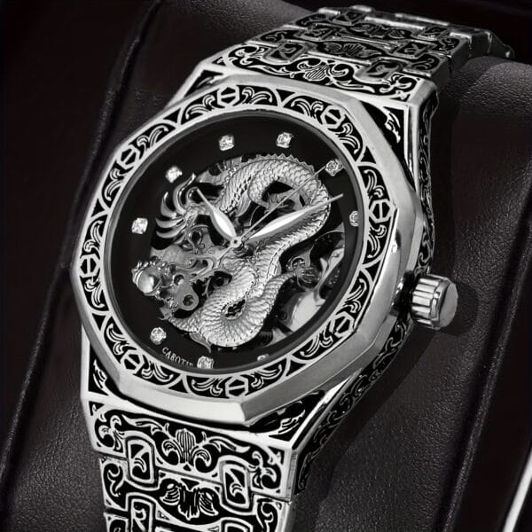 1pc Youth Men's Yellow Steel Strap Business Style Elegant Glow-in-the-Dark Carved Dragon Mechanical Watch