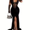 Robe dos nu à strass, robe moulante sexy à col licou et fente en maille contrastée, vêtements pour femmes